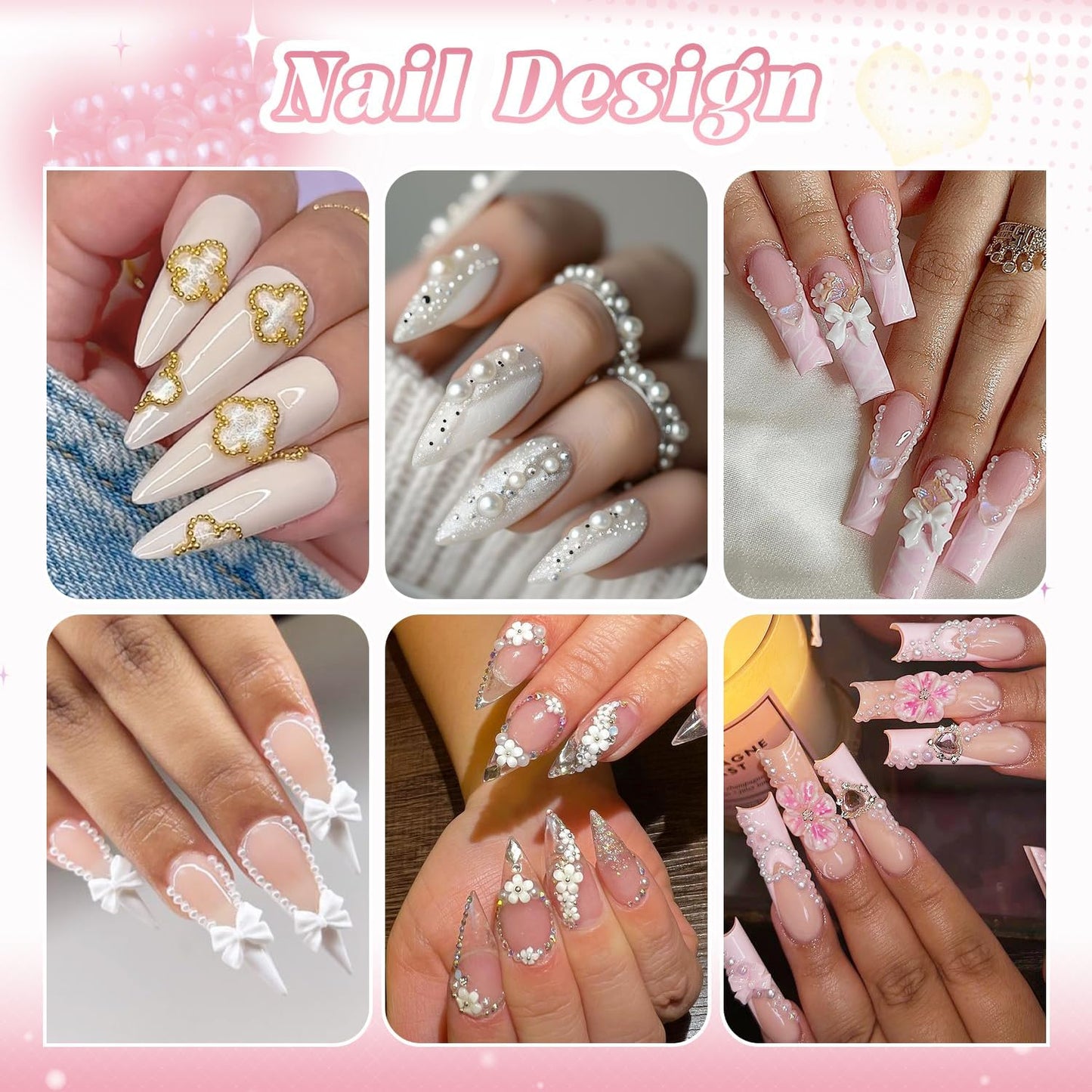 Flatback Pearls (White) and Metal Nail Beads (Silver+Gold) with Rhinestones Glue Gel for Nail Art, Pearl Nail Charms and Round Caviar Beads 3D Flowers Camellia Bows Star Heart for Manicure Decor