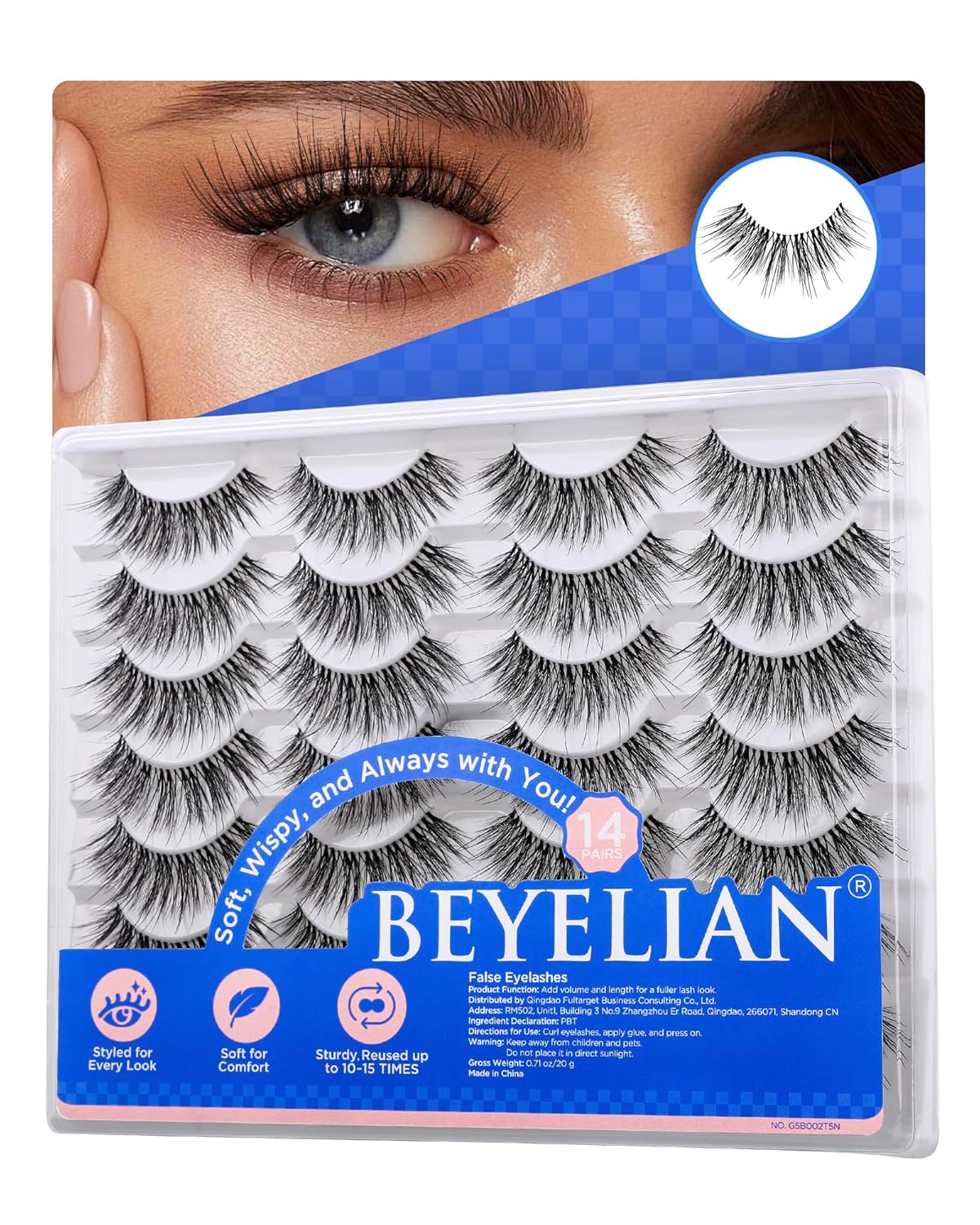 BEYELIAN 14 Pairs False Eyelashes Wispy D Curl 10-18MM Cat Eye Lashes, 3D Volume Fake Lashes Soft and Lightweight Faux Mink Lashes Pack, Reusable, Easy to Apply (14P-HSCS-53)