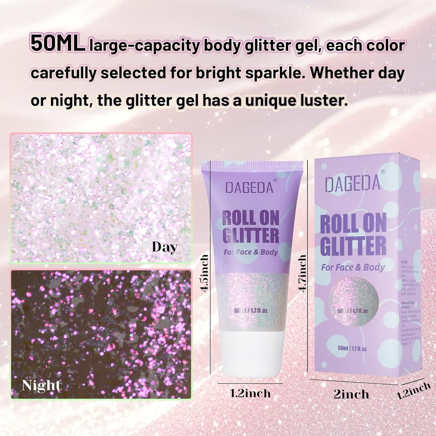 DAGEDAl Roll-on Body Glitter,Holographic Eye Face Hair Glitter Gel for Festival Outfit Mermaid Accessories,Chameleon Color Body Shimmer Makeup Rave Outfits Accessories for Women 50ml(Sparkling Pink)