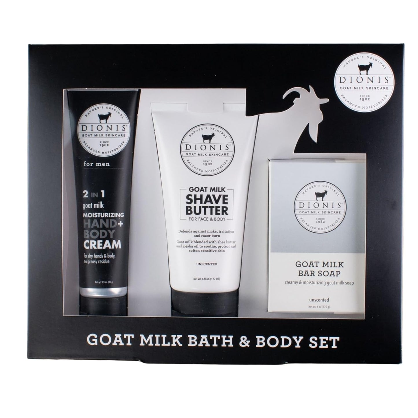 Dionis Goat Milk Skincare Men's Unscented Bath & Body 3pc Gift Set - Blended Shea Butter & Jojoba Oil Shave Butter For Sensitive Skin, Unscented Hydrating Moisturizer & Nourishing Bar Soap For Men
