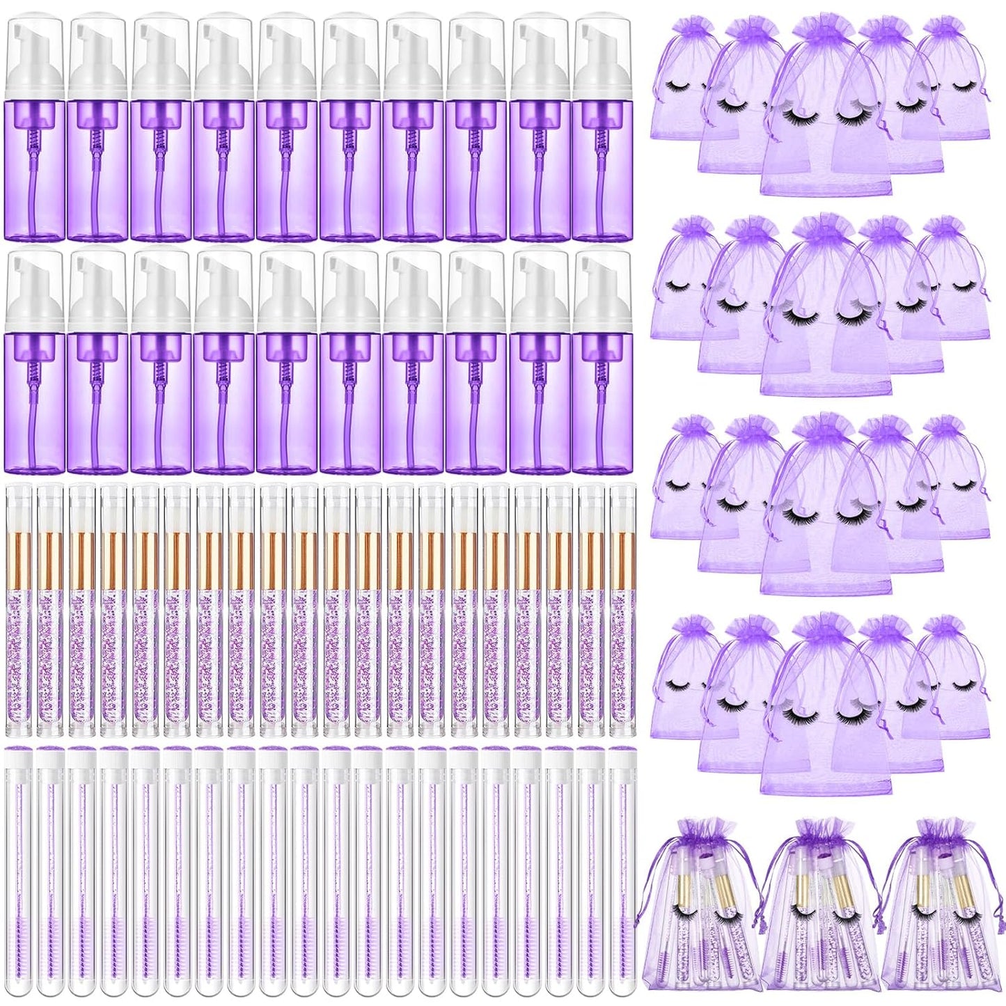 Zhehao 80 Pcs Lash Shampoo Bottle Brushes Kit 20 Foam Pump Dispensers 20 Lash Shampoo Brushes 20 Eyelash Aftercare Bag 20 Cleaning Pipes, Eyelash Extension Supplies(Purple)