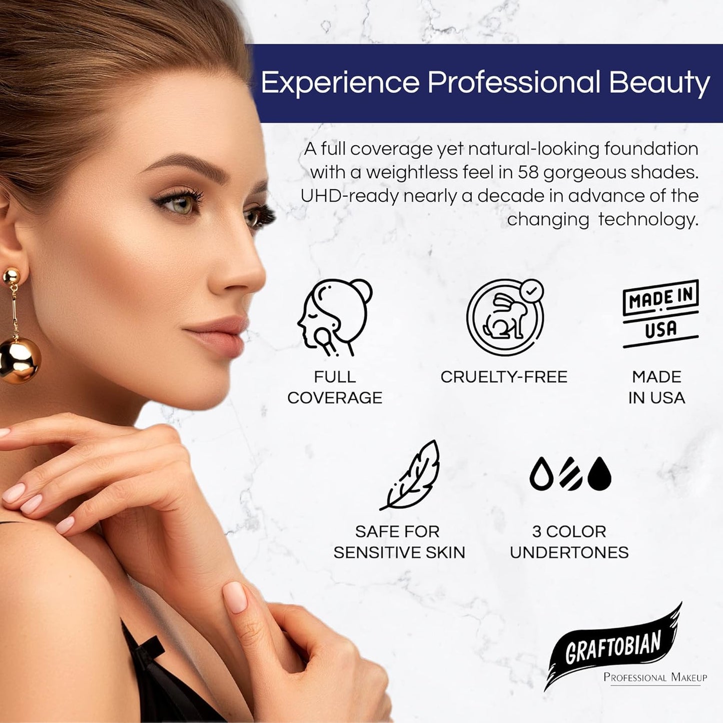 Graftobian HD Glamour Crème Foundation 1/2oz, Weightless Full Coverage Makeup, 65 Inclusive Shades, For All Skin Types, Natural or Full-Glam Looks, For Professionals and Beginners, Peach Blush