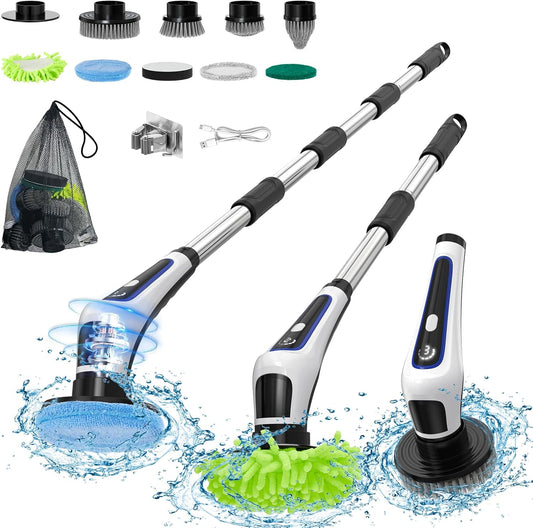 Electric Spin Scrubber, Rocfinity IPX7 Waterproof Cordless Cleaning Brush, 9 Brushs Heads Shower Scrubber - Extendable Long Handle Electric Cleaner Brush for Window,Floor,Car,Bathtub,Kitchen
