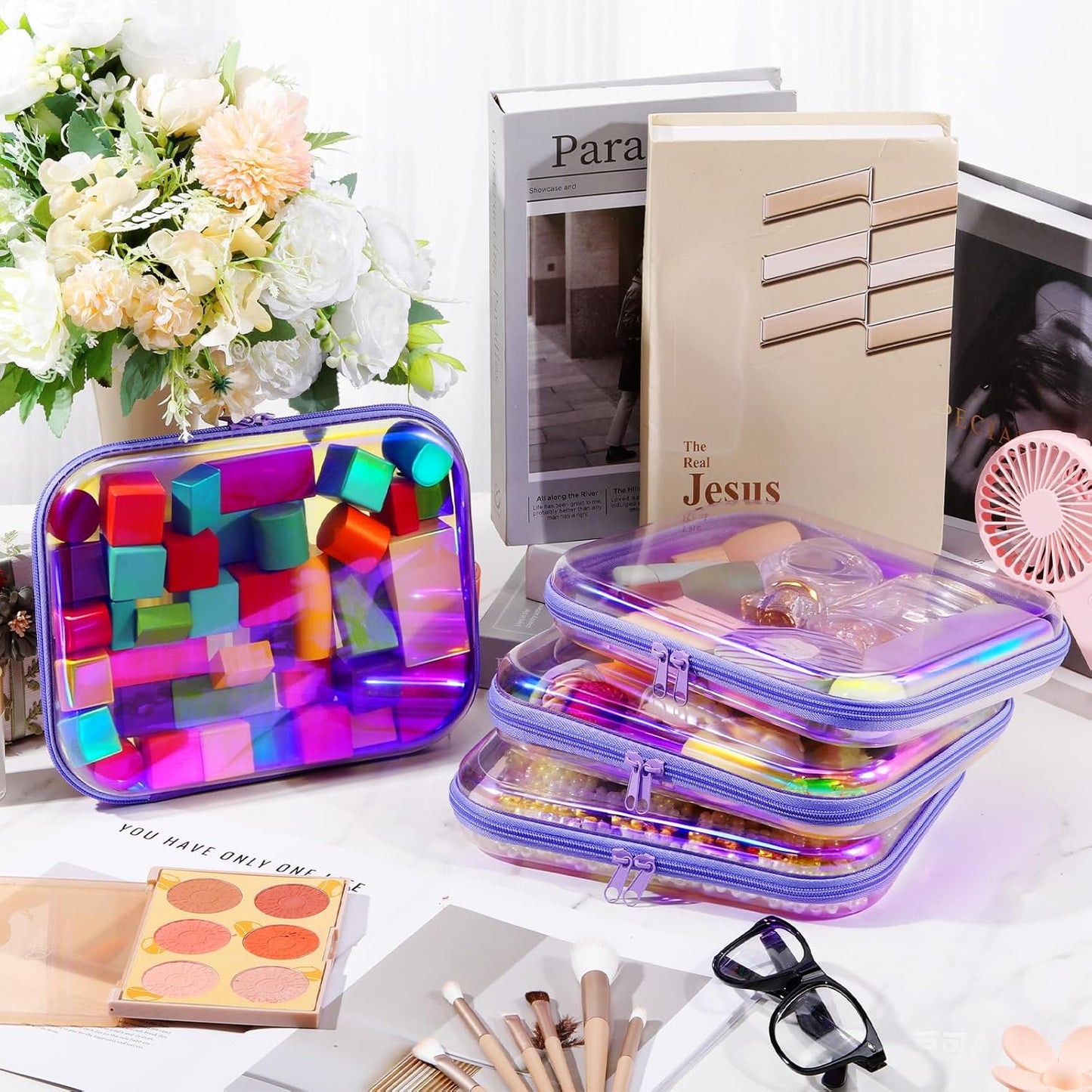 Hoolerry 4 Pcs Hard Clear Zipper Case Makeup Bags Plastic Pencil Pouch Transparent Storage Box Containers for Cosmetics, Snacks, Building Blocks, Puzzles(Purple Laser,9.8 x 7.9 x 2 in)