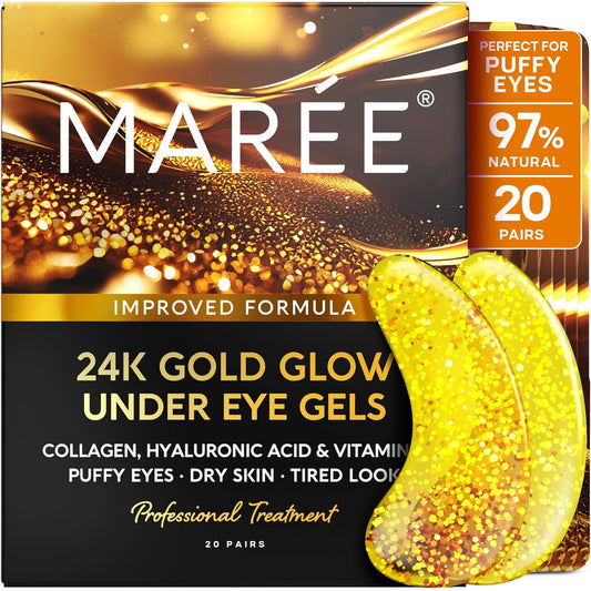 MAREE 24k Gold Under Eye Gels for Dark Circles and Puffiness - Collagen & Hyaluronic Acid Skincare Gel Pads - Gold Eye Patches for Puffy Eyes and Dark Circles - Under Eye Masks - Travel Essentials
