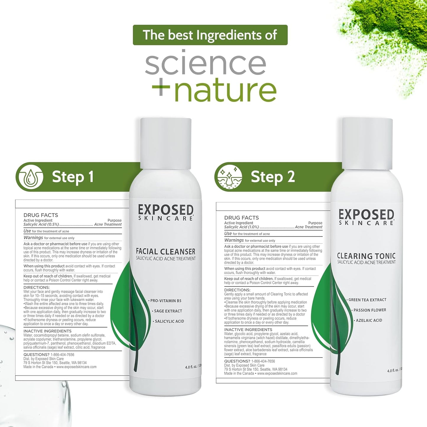 Exposed Skin Care Basic Acne Treatment Kit - Includes Salicylic Acid Face Wash, Clearing Tonic, Treatment Serum with Benzoyl Peroxide, Clear Pore Serum - Natural Acne Solution for All Skin Types