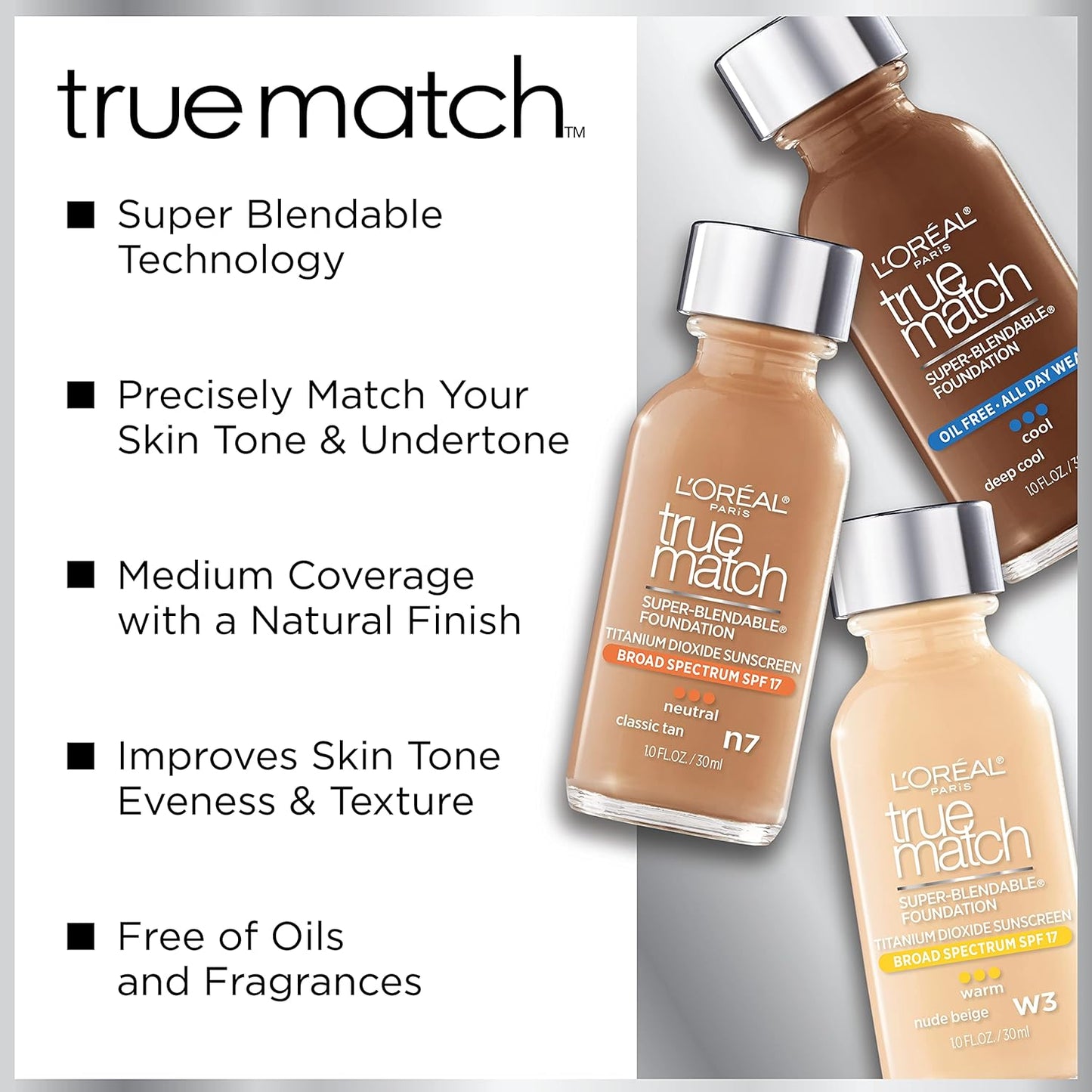 L'Oreal Paris Makeup True Match Super-Blendable Liquid Foundation, Spiced Latte W9, 1 Fl Oz,1 Count