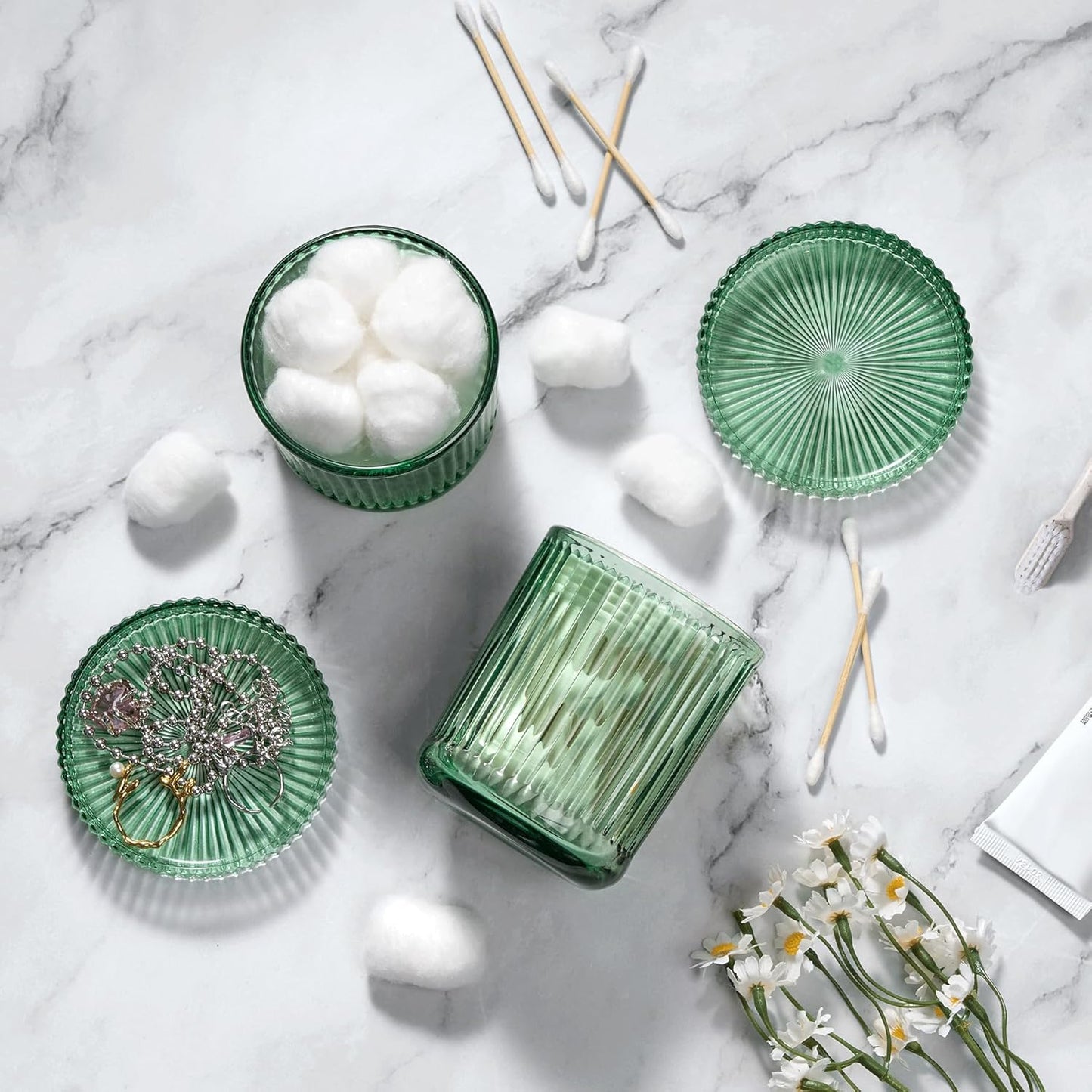 2 Pack Qtip Holders for Bathroom, Clear Glass Apothecary Jars with Lids,Vintage Bathroom Canisters for Cotton Balls,Swabs,Floss Picks,Hair Ties,Vanity Organizer and Storage Decor (Green)