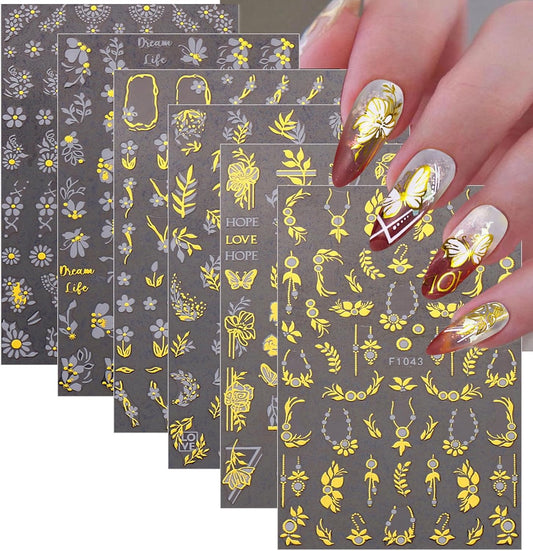 8 Sheets Gold Flower Nail Stickers - 3D Self-Adhesive Leaf Art Decals for Spring Designs - Manicure Decorations for Women, Style8