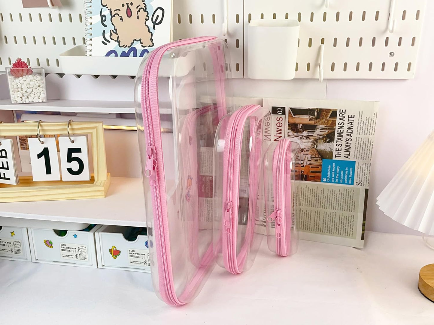3PCS Clear Zipper Cases, Portable Clear Organizer Pouches for Travel, Double Zippered Hard Shell Plastic Case, Cosmetic Bag for Make Up Tools, Toiletries, Toy Storage (Pink, 2 Pack)