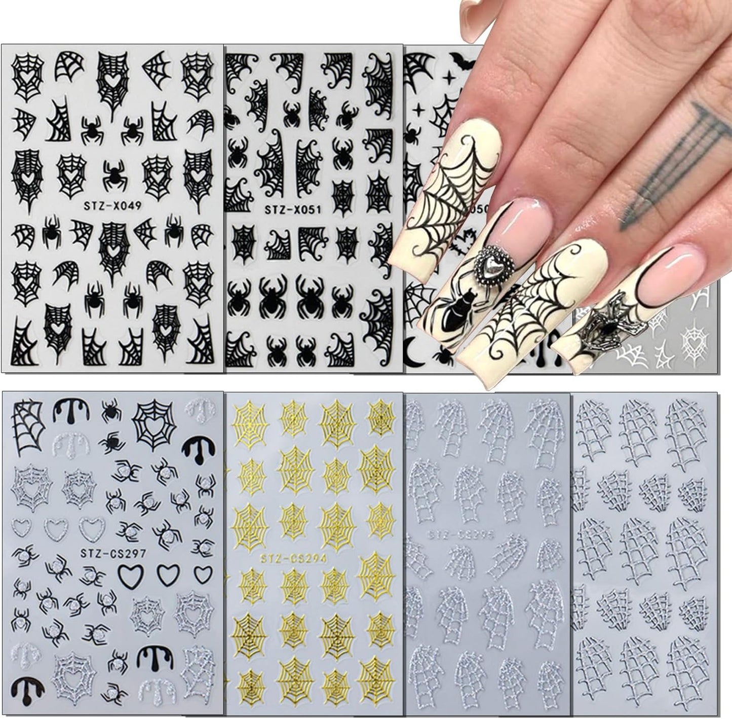 8Sheets Halloween Nail Art Stickers Spider Web Nail Stickers for Nail Art 3D Self-Adhesive Nail Decals Gold Silver Black White Glitter Spiderweb Bat Spiders Nail Design Halloween Manicure Accessories