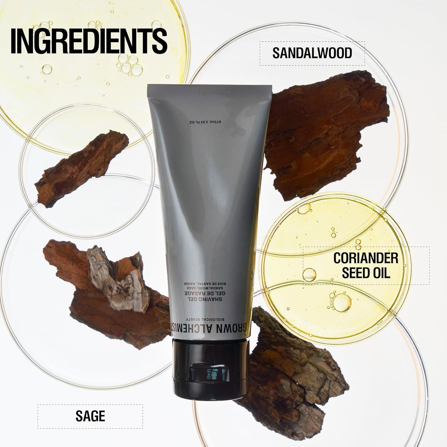 Grown Alchemist Shaving Gel, Sandalwood & Sage. Hydrating Botanicals, Close, Smooth Shave (75ml)