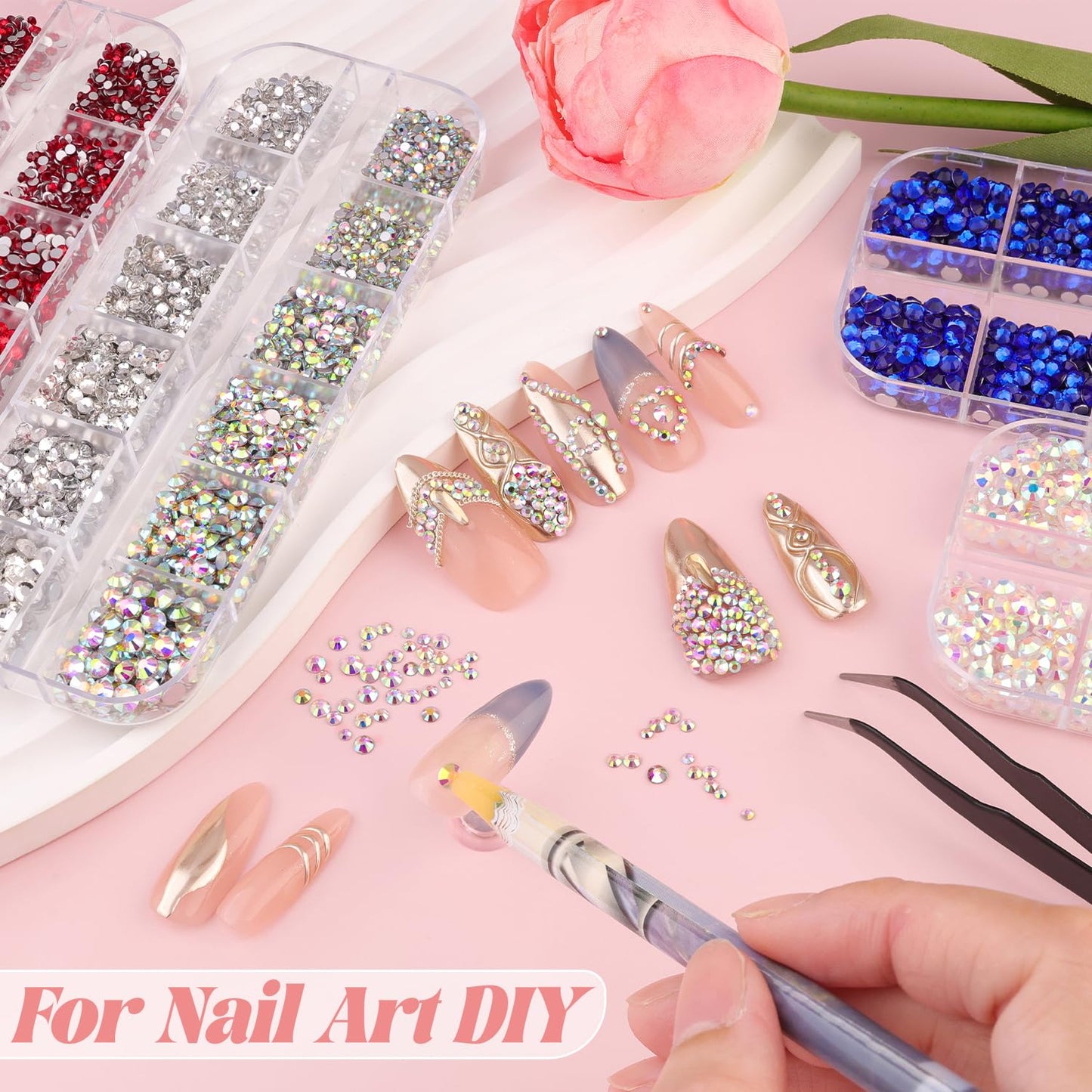 3600pcs Glass AB Nail Rhinestones 6 Sizes(1.8/2/2.4/2.8/3/4mm) Flatback Crystal Nail Charms Jewels Decoration for Nail Art and Crafting, Tweezer and Pickup Pen included
