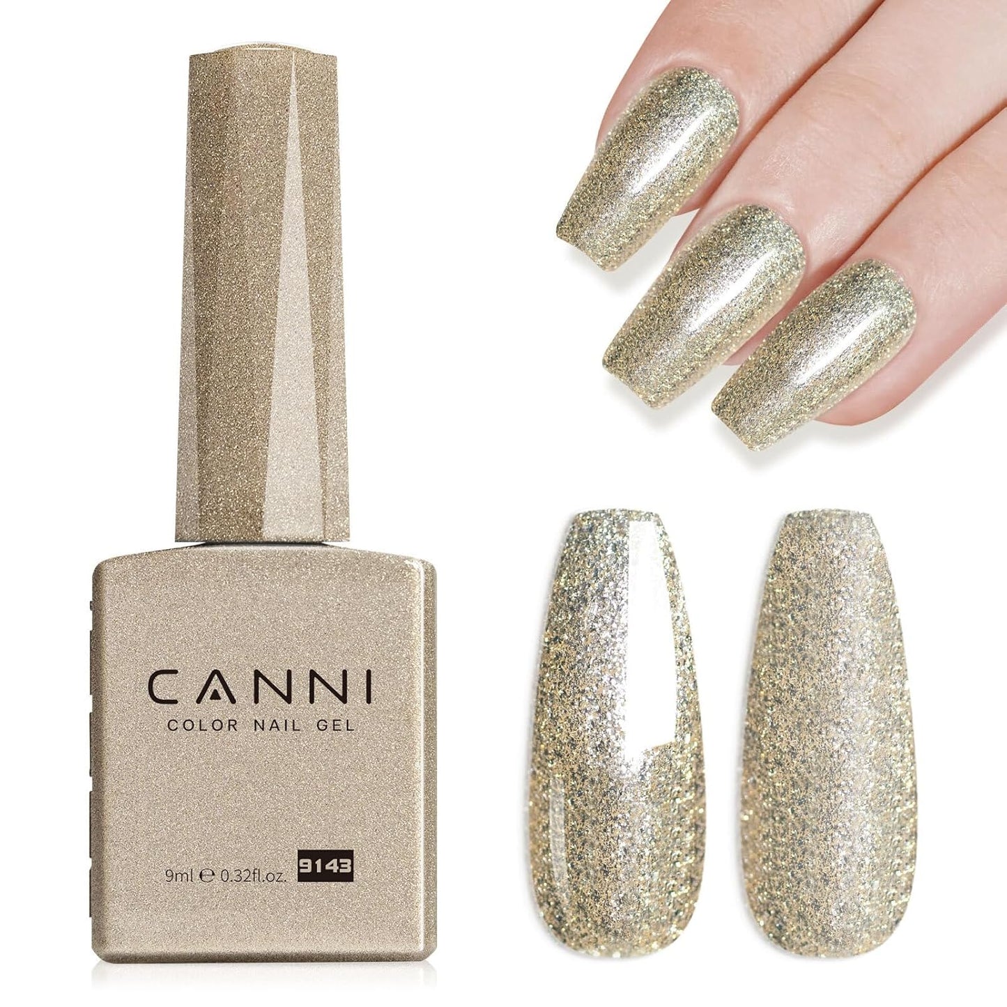 CANNI Champagne Gold Glitter Gel Polish – 9ML Sparkly Soak-Off UV/LED Gel Nail Polish, Shiny Metallic Finish for French Manicure, DIY or Salon Use