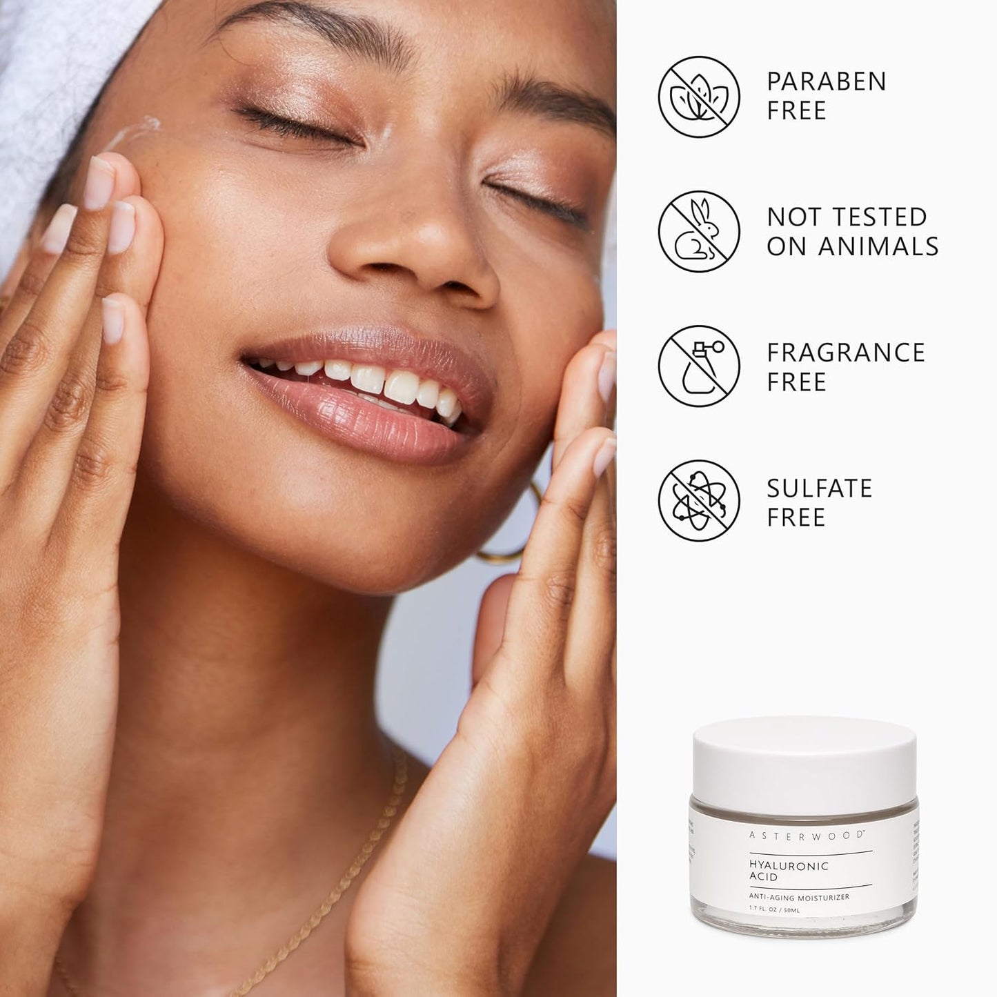 Asterwood Hyaluronic Acid Moisturizer - Anti-Aging, Wrinkle Reducing, Moisturizing, Hydrating - Fragrance-Free, Non-Comedogenic - 1.7 Fl Oz