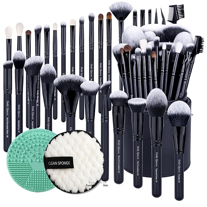 29pcs Black Professional Makeup Brush Set Kabuki Powder Concealers Eye shadows Blush Eyeliner Eyebrow Contour Eye blending Brushes (29pcs brush +barrel+brush cleaner+face cleaner)