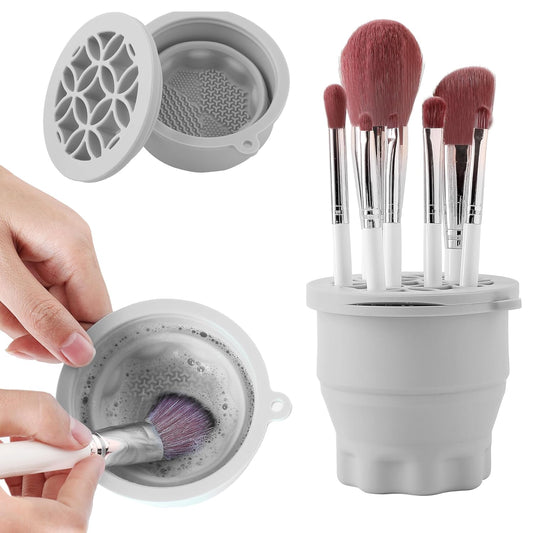 Makeup Brush Cleaner - Foldable Silicone Makeup Brush Cleaner Mat with Brush Storage Holder Makeup Brush Cleaning Bowl Cosmetic Brush Washing Tool for Cleaning Organizer and Drying (Grey)