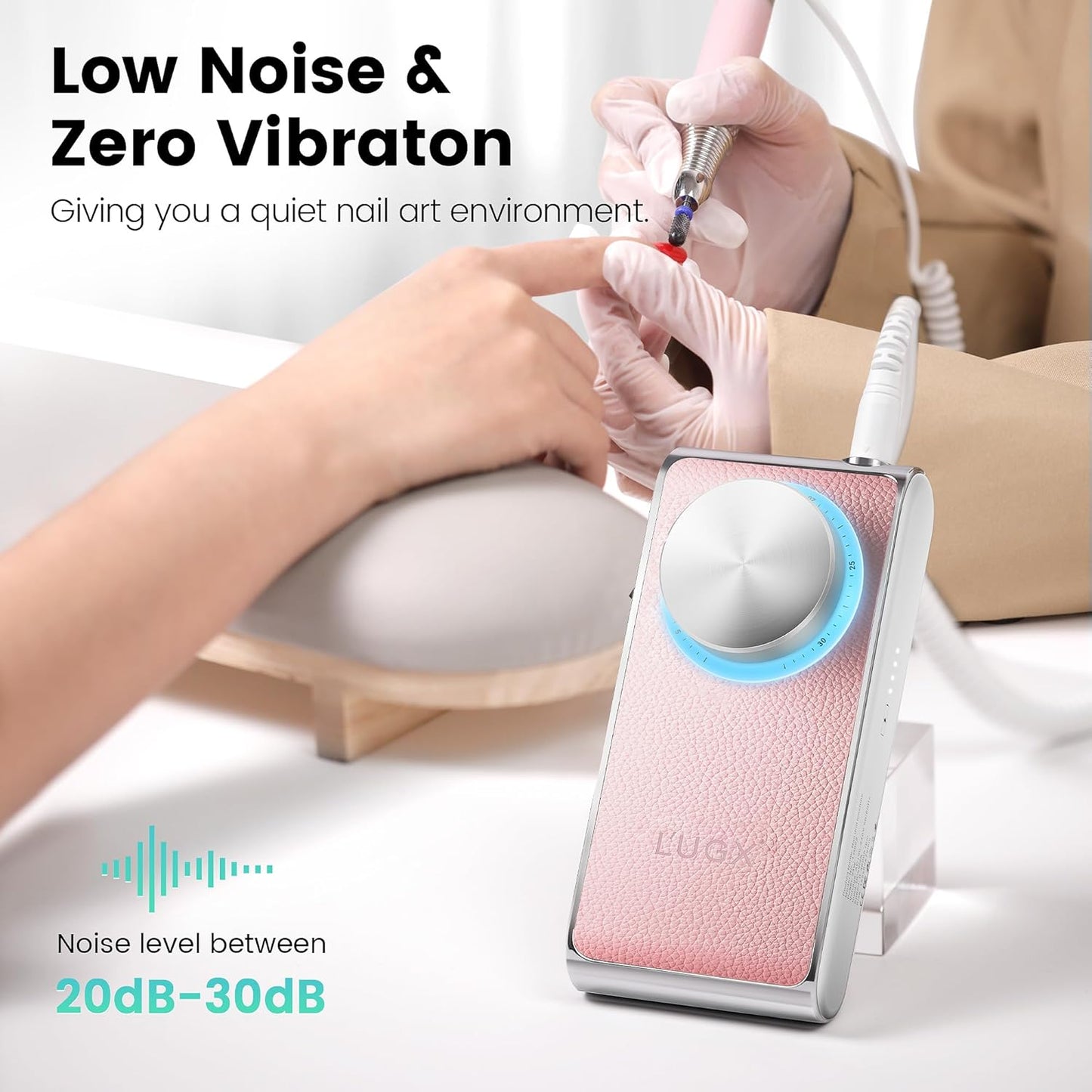 L'UGX Professional Nail Drill 30000RPM, Cordless Rechargeable Electric Nail File for Acrylic Nails Gel Polishing, Efile Nail Kit for Manicure Pedicure, Low Noise Low Vibration, 7Pcs Drill Bits, Pink