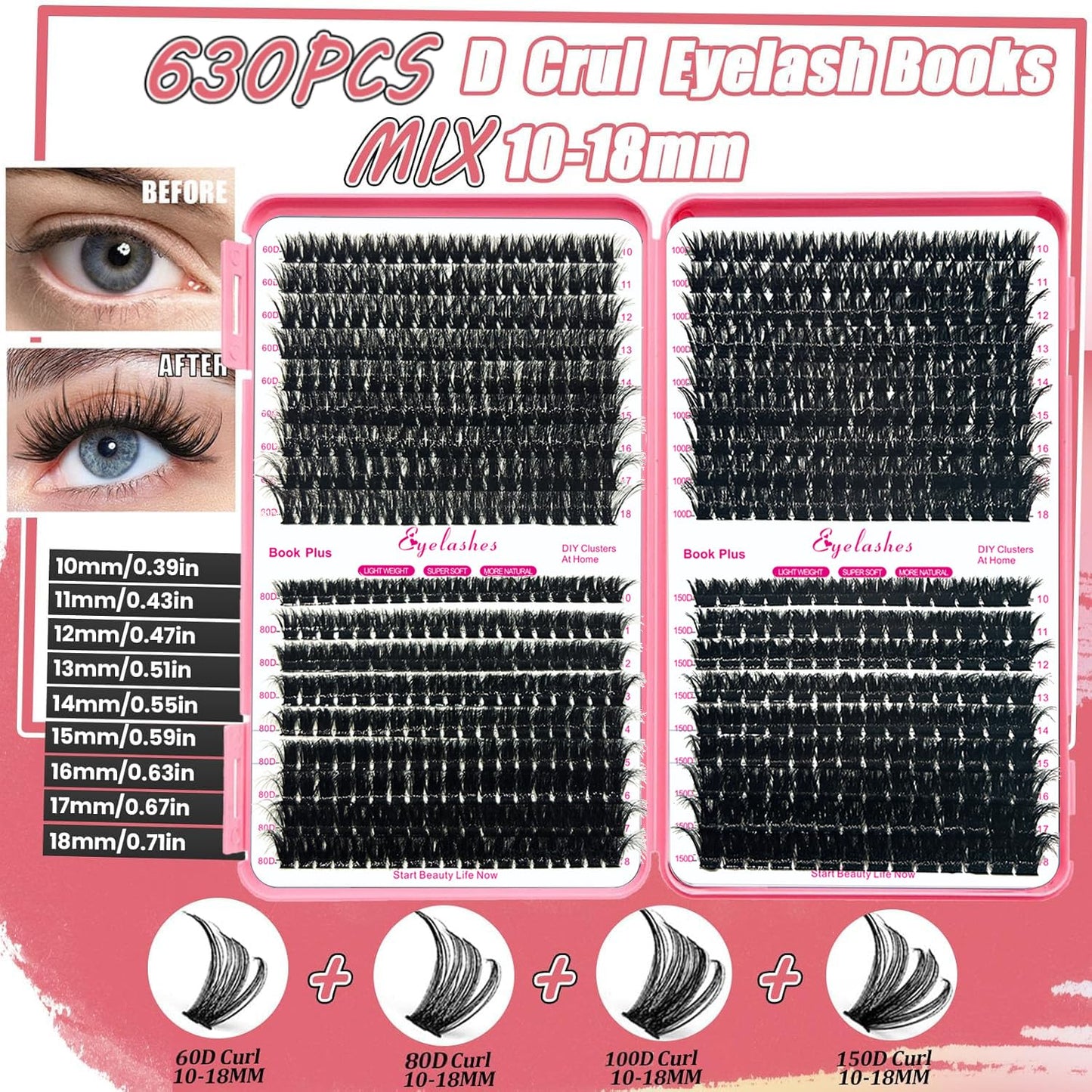 DIY Lash Extension Kit 630Pcs 10-18mm D Curl Lashes Clusters with Lash Bond and Seal Glue Remover Lash Shampoo Cleansing Brush Headband Wristband Tweezers Eyelash Brush Applicator