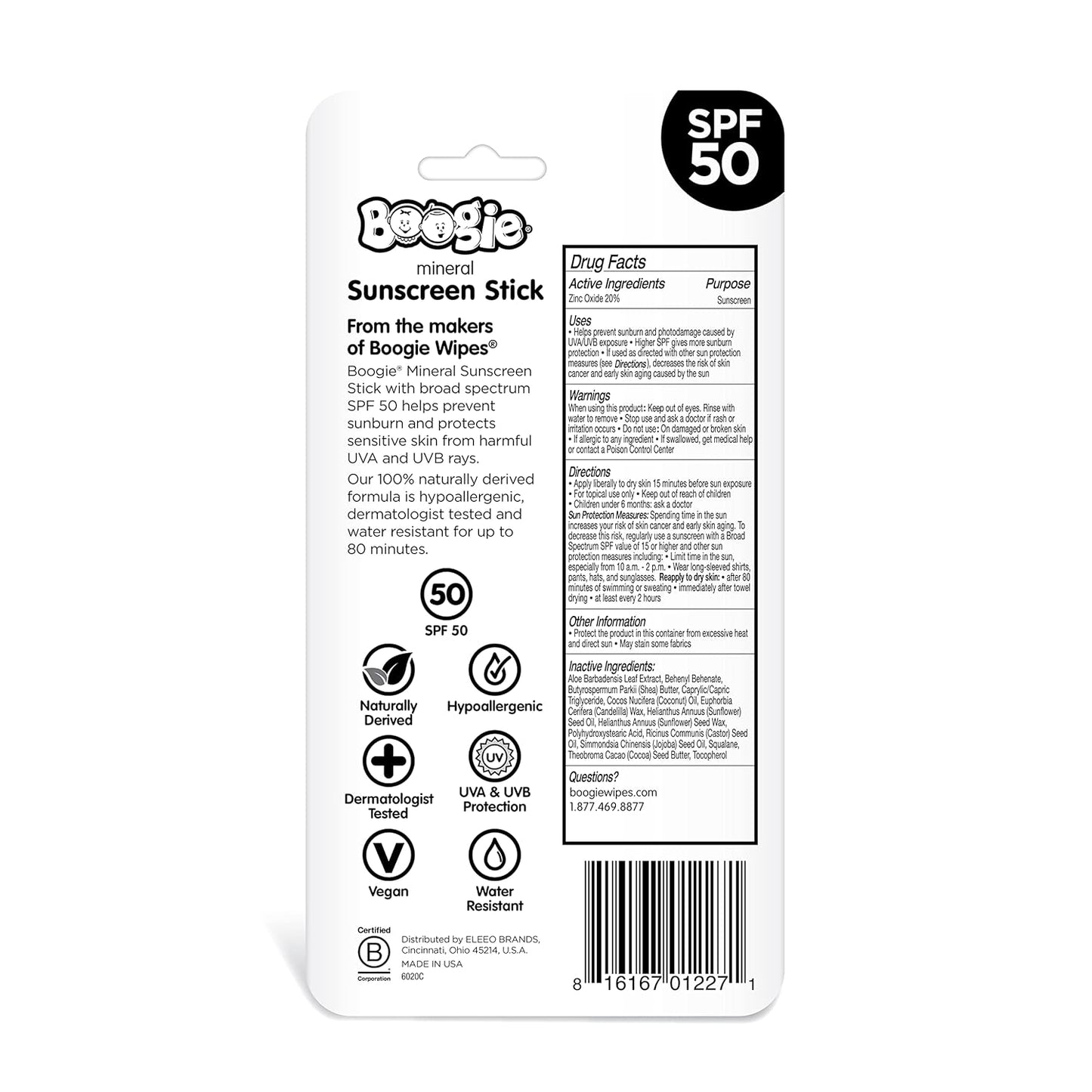 Baby Sunscreen Stick by Boogie Block, Mineral Sunscreen SPF 50, Travel Size Sunblock for Kids, Zinc Oxide, Water Resistant, Vegan, Fragrance Free Pack of 3