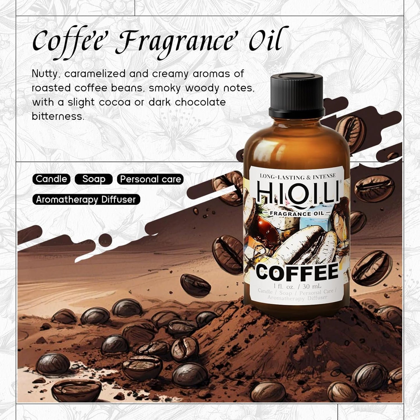 HIQILI Coffee Fragrance Oil for Scent Diffuser & Humidifier, Perfect for Candle, Soap, Perfume Making, New Car & Home - 1 Fl Oz
