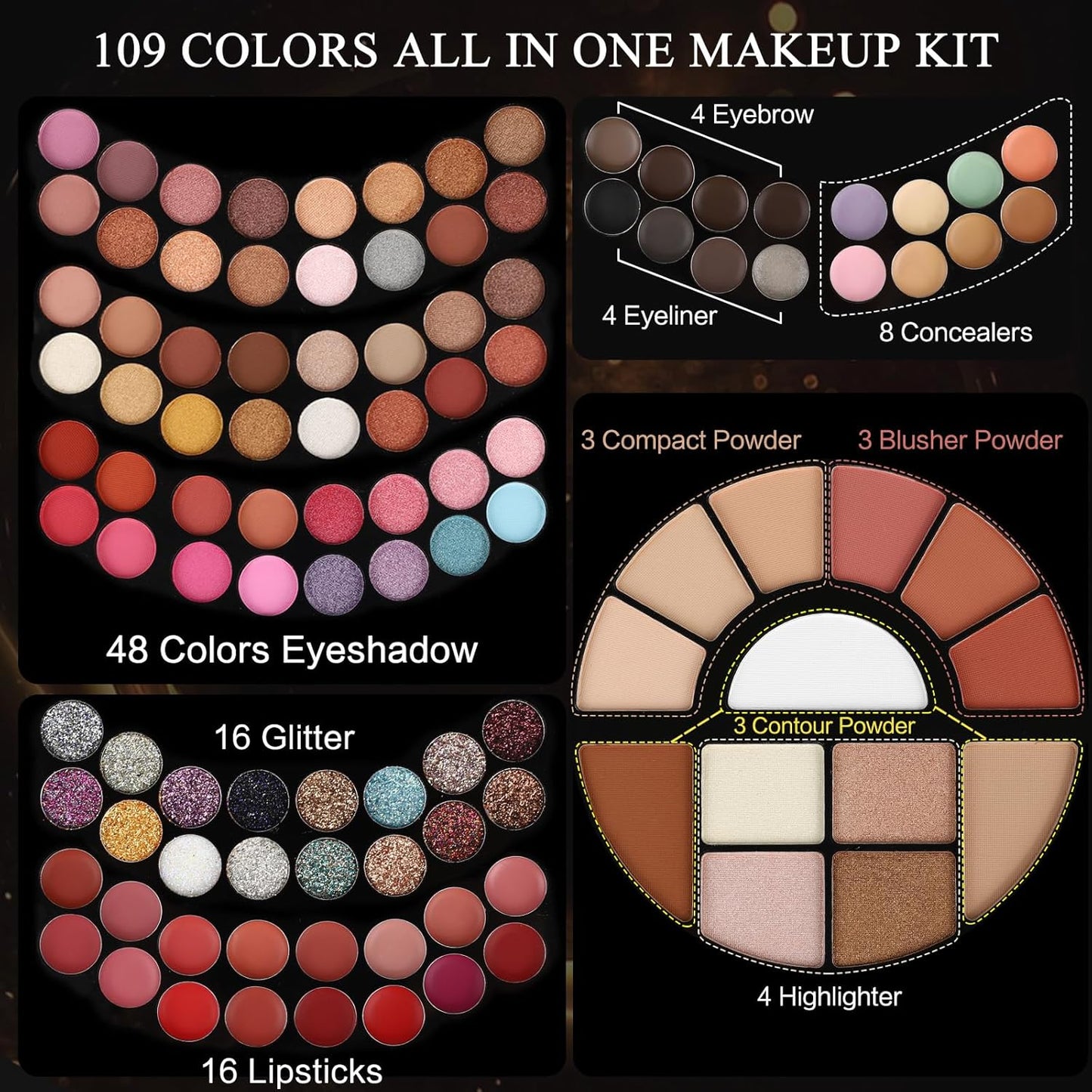 109 Colors Makeup Kit for Women Girl Full Kit Gift Set with Mirror All in One Make up Palette Included Eyeshadow Glitter Lipstick Concealer Eyeliner Eyebrow Highlighter Contour Blusher Compact PowderN