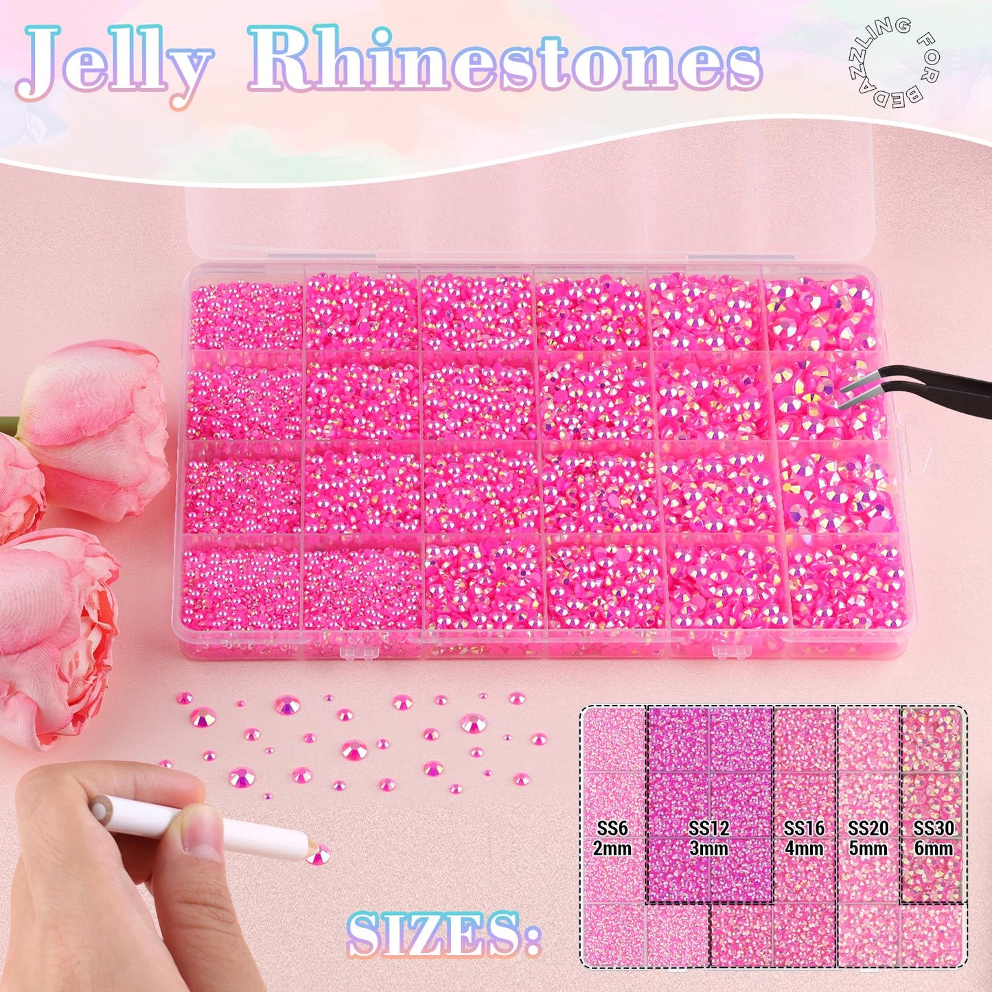 25000Pcs Resin Jelly Rhinestones with Tweezers for Crafting, 2-6mm Mixed Sizes (Hot Pink AB) Non Hotfix Flatback Gems, Bedazzling Crystal for DIY Crafts Clothing Tumblers Mugs Shoes Decor Nail Art