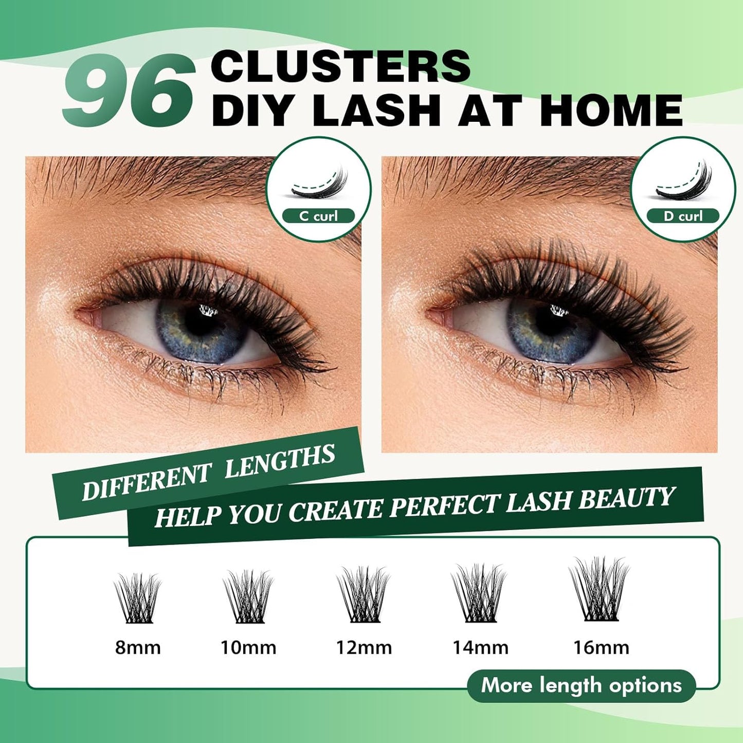 Lash Clusters 96pcs Individual Lashes D Curl 12mm Eyelash Clusters KEYYOU Volume Wispy Lash Extension Soft&Comfortable Easy DIY at Home(Y08,D-12mm)