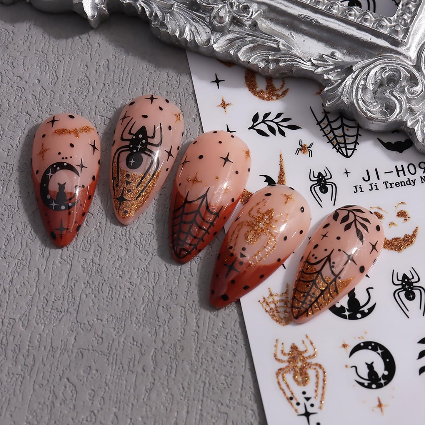 Halloween Nail Stickers 6PCS - Spooky Ghost Pumpkin Skull Cat Glitter Nail Decals, 3D Self-Adhesive Nail Art Supplies for Women, Festive Holiday Nail Decorations