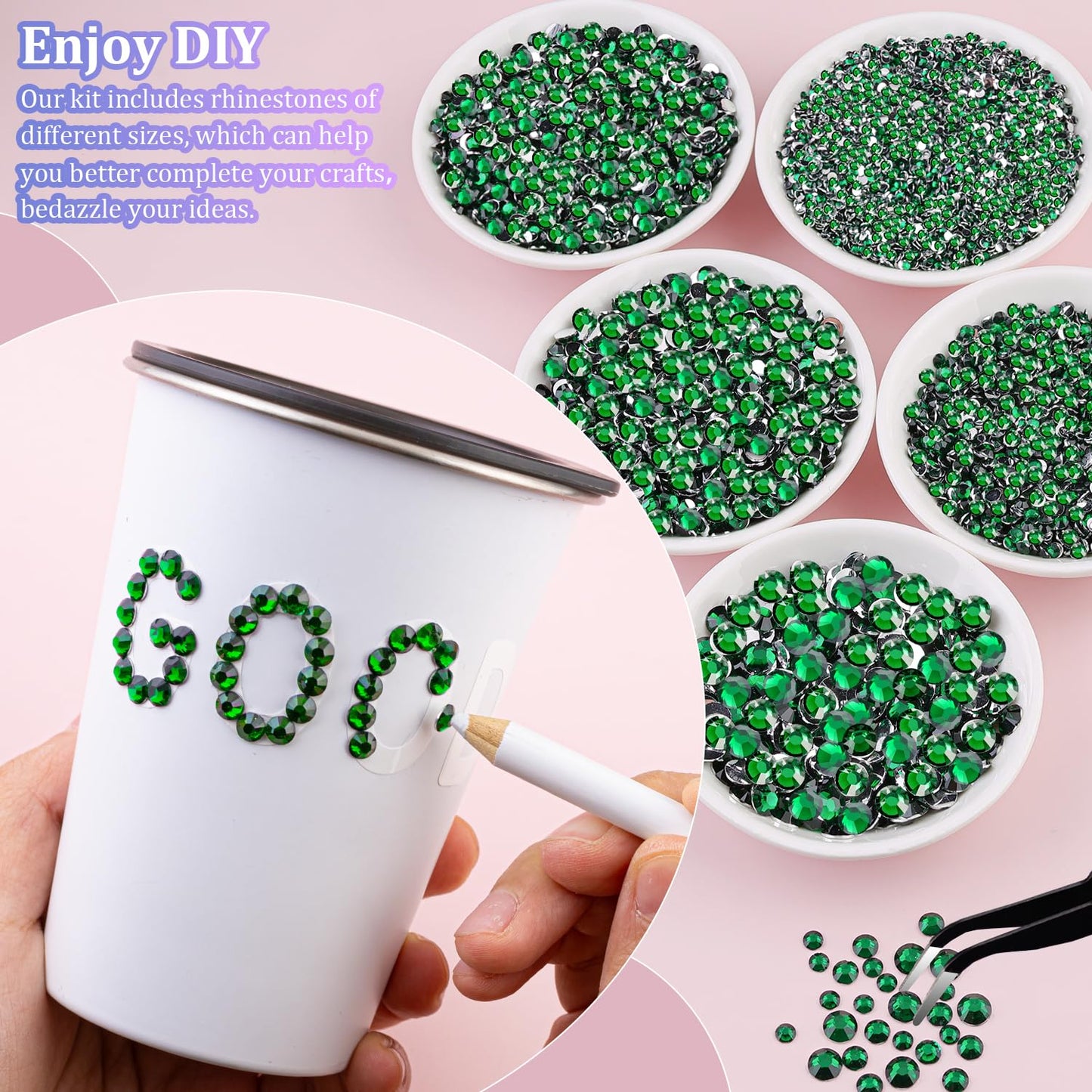30000Pcs Emerald Green Rhinestones for Bedazzling with B7000 Jewelry Glue, Bedazzler Kit Flatback Gems, Resin Rhinestones for Crafting Crafts Clothing Shoes Fabric Nail Art Assorted Size 2/3/4/5/6mm