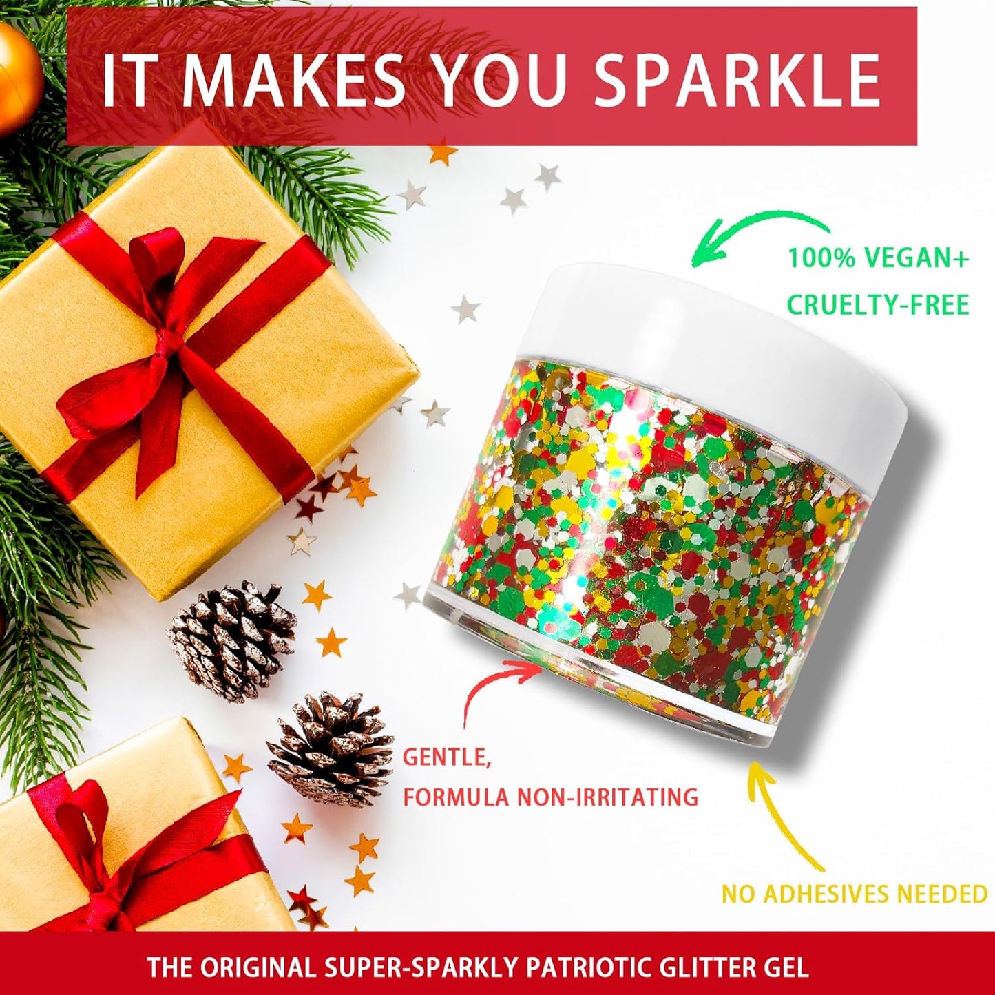 Christmas Glitter Gel for Body, Face, Hair and Lip, Color Changing Glitter Gel Under Light (Christmas)