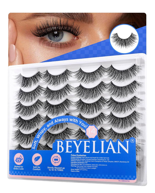 BEYELIAN 14 Pairs False Eyelashes Clear Band D Curl 9-15MM Eye Lashes Pack, Soft and Lightweight Invisible Band Faux Mink Lashes, Reusable, Easy to Apply (14P-HSCS-55)