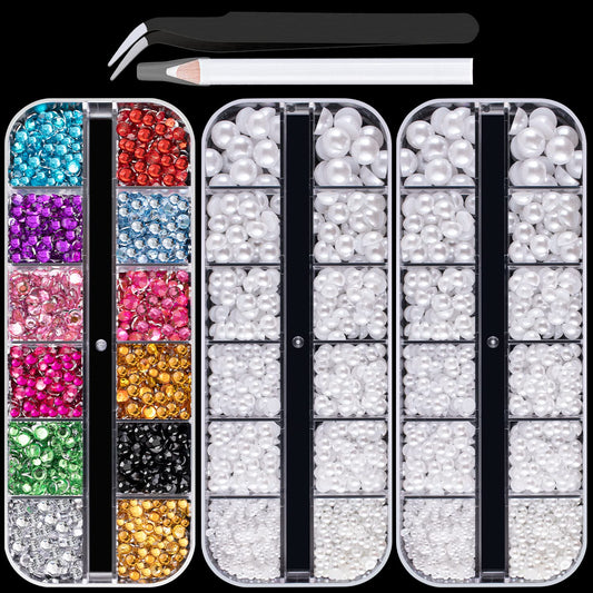 Flat Back Rhinestone+Half Round Pearl Kits Colorful Rhinestones+White Pearls with Picker Pencil and Tweezer for Home DIY and Professional Use