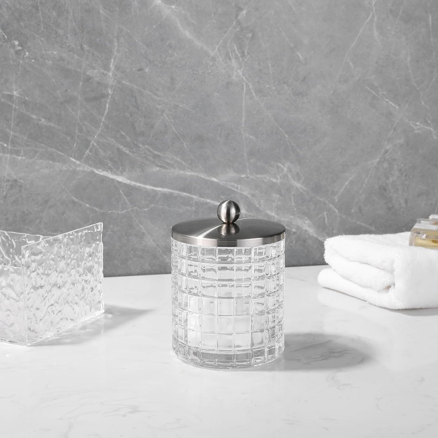 Glass Jar with Metal Lid for Bathroom Organization, Clear Apothecary Jar for Cotton Balls, Q Tips, and Small Accessories, Stylish Bathroom Storage Container Clear, Nickel