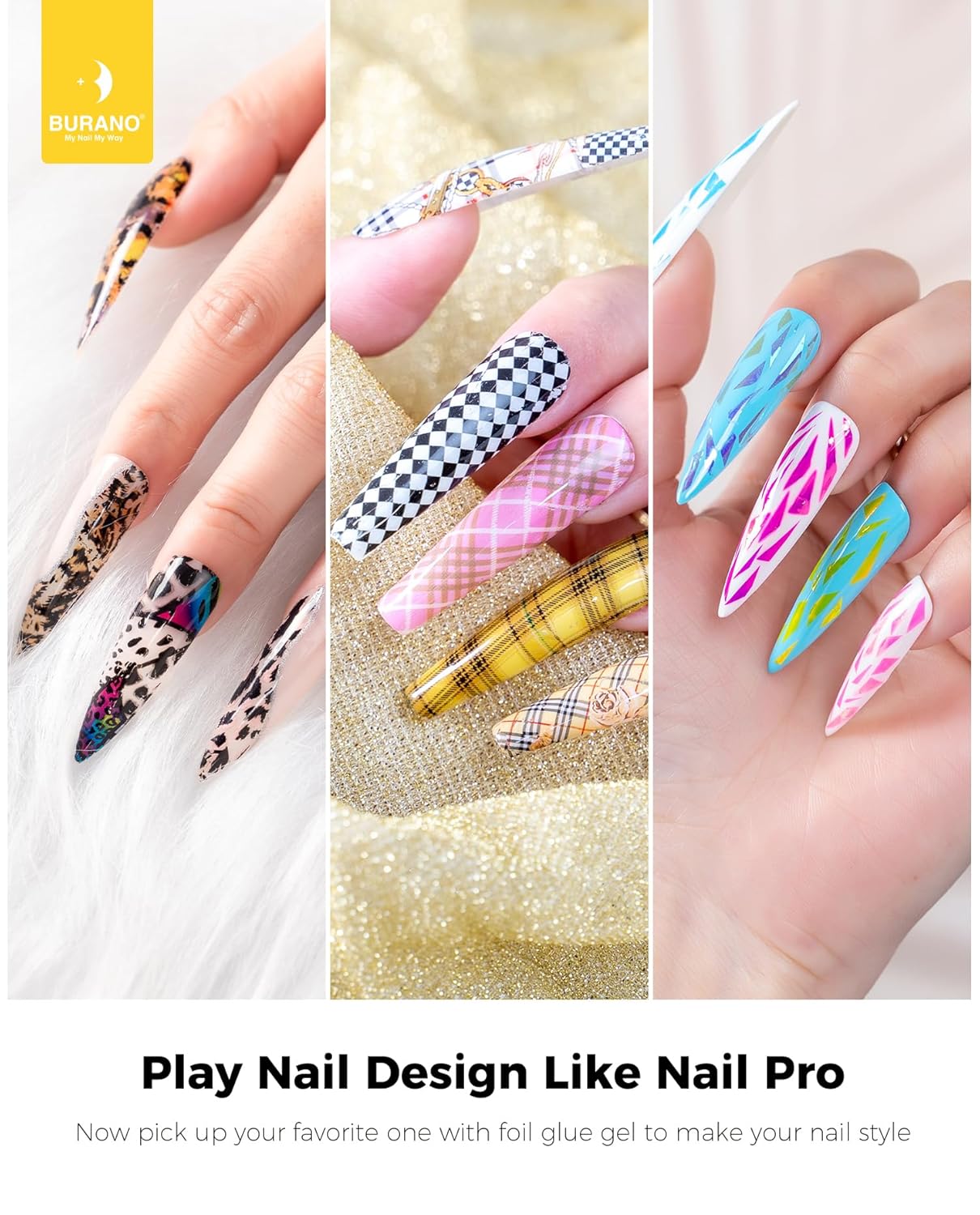 BURANO Nail Art Nail Foil Glue Gel, o.5 oz with 10PCS Foil Stickers Set Nail Foil Glue for Nails Foil Transfer Gel, Nail Design DIY UV LED Lamp Required(Flower Foil 09)