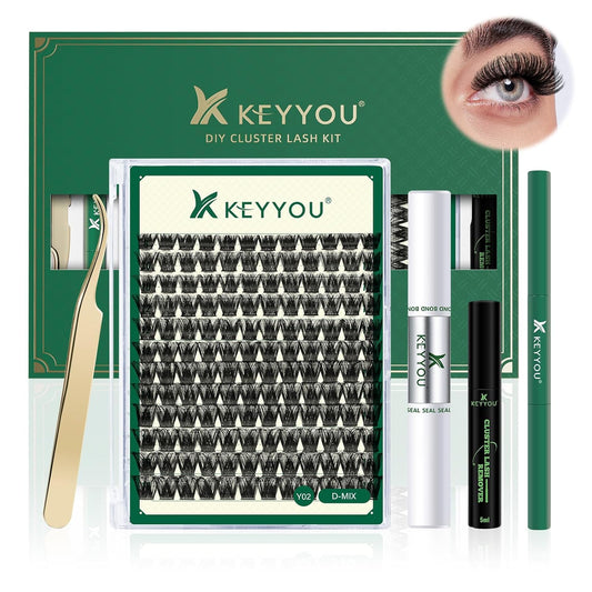 DIY Lash Extension Kit KEYYOU 144pcs Lash Clusters Eyelash Extension Kit with Mascara Brush Bond and Seal Lash Glue Remover Lash Applicators Lash Brush for DIY Lash Extensions (Y02 Kit)