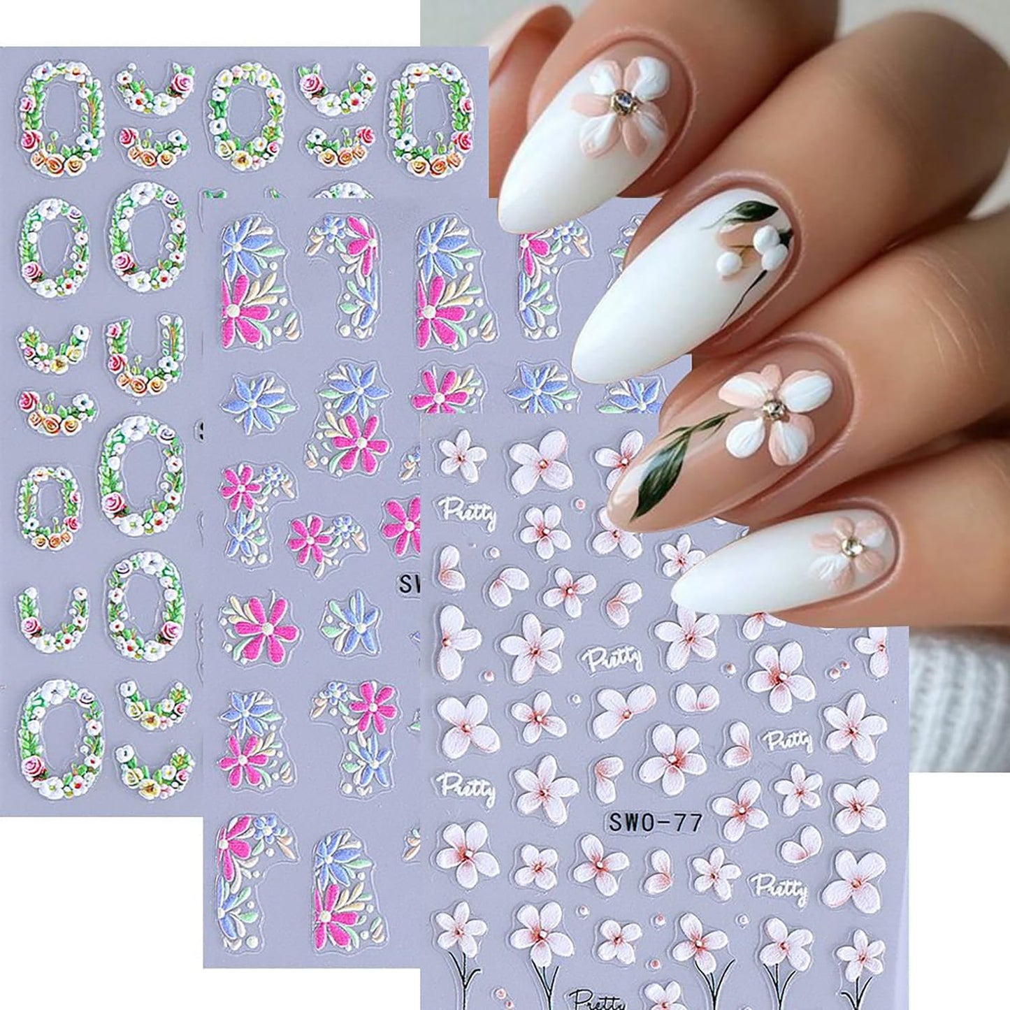6Sheets Flower Nail Art Stickers 5D Self-Adhesive Nail Sticker Rose Daisy Nail Decals Holographic Stereo Blossom Decal Decoration for Women Wreath Manicure Stickers DIY Nail Art Sticker Supplies