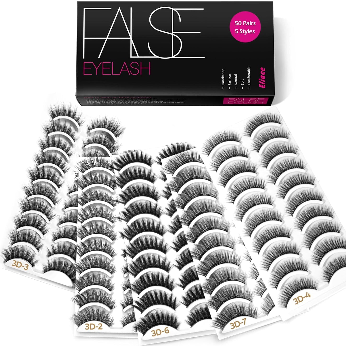 Eliace Eyelashes, (50 Pairs,5 Styles) Luxurious Faux Mink Lashes Natural Look Wispy Fluffy Handmade Cat Eye False Lash Pack, False Eyelashes Set, Fake Lashes Strips, Makeup Fake Eyelashes Pack