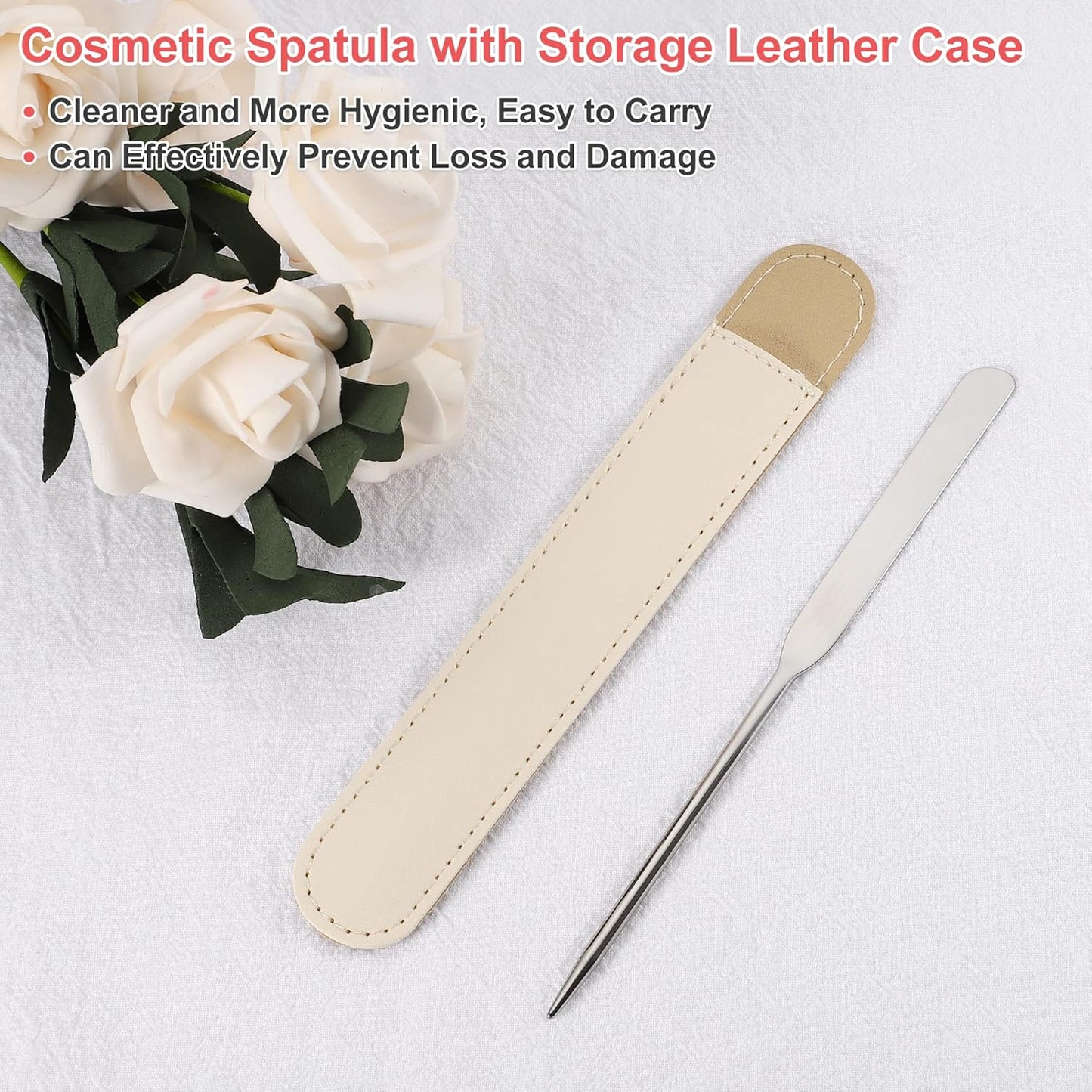 VOCOSTE 1 Set Stainless Steel Makeup Spatula, Liquid Foundation Spatula Tool with Faux Leather Case, Lipstick Nail Polish Mixing Palette Spatula, Beige