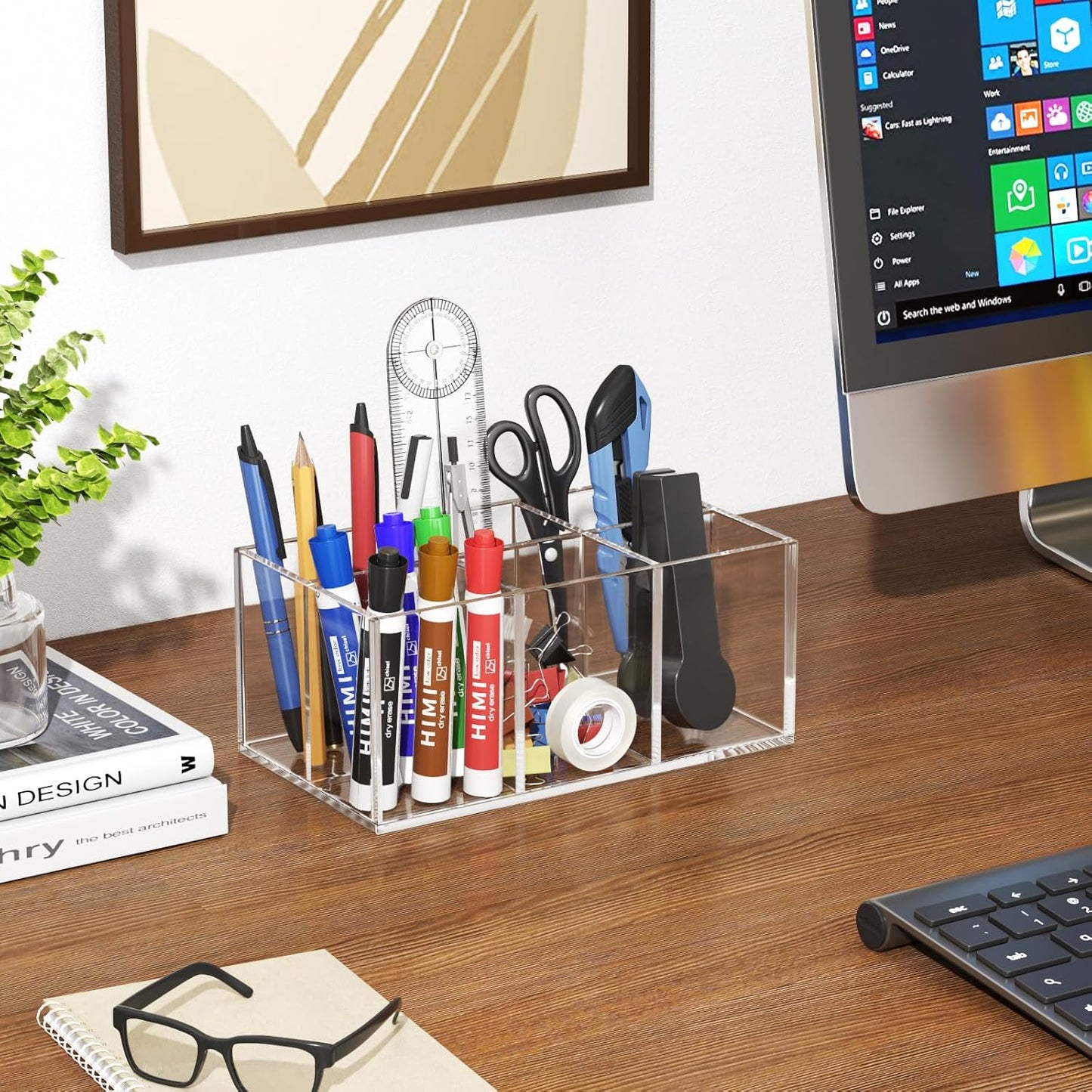 HIIMIEI Clear Makeup Brush Holder Organizer Acrylic 6-Slots Cosmetic Brushes Storage Organizer for Vanity Countertop