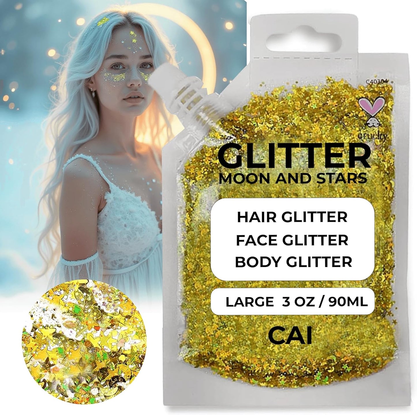 Face, Body & Hair Glitter Gel – Halloween Glitter for Kids and Women – 3 Oz Cosmetic-Grade Gel w/Moon & Stars for Festivals & Halloween Party, Easy Apply & Wash Off - Rose/Gold 2Pack