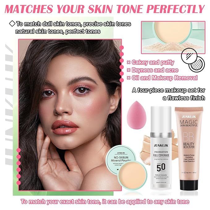 Color Changing Foundation Set,Full Coverage Foundation Liquid Foundation Makeup Gift Set,Moisturizing BB Cream for Women,Flawless Loose Setting Powder Face Primer Base Makeup Kit With Makeup Sponge