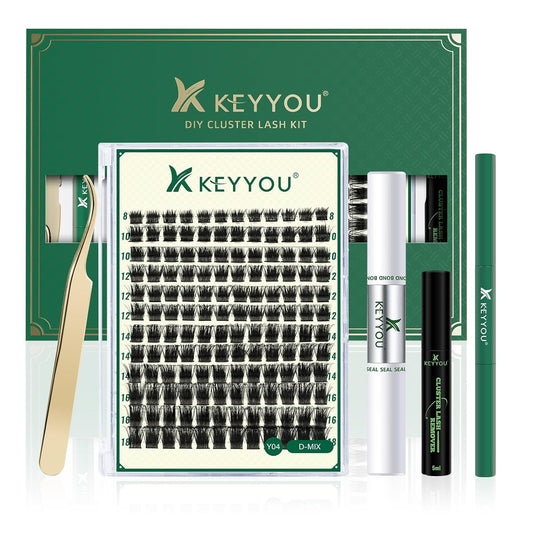 DIY Lash Extension Kit KEYYOU 144pcs Lash Clusters Eyelash Extension Kit with Mascara Brush Bond and Seal Lash Glue Remover Lash Applicators Lash Brush for DIY Lash Extensions (Y04 Kit)