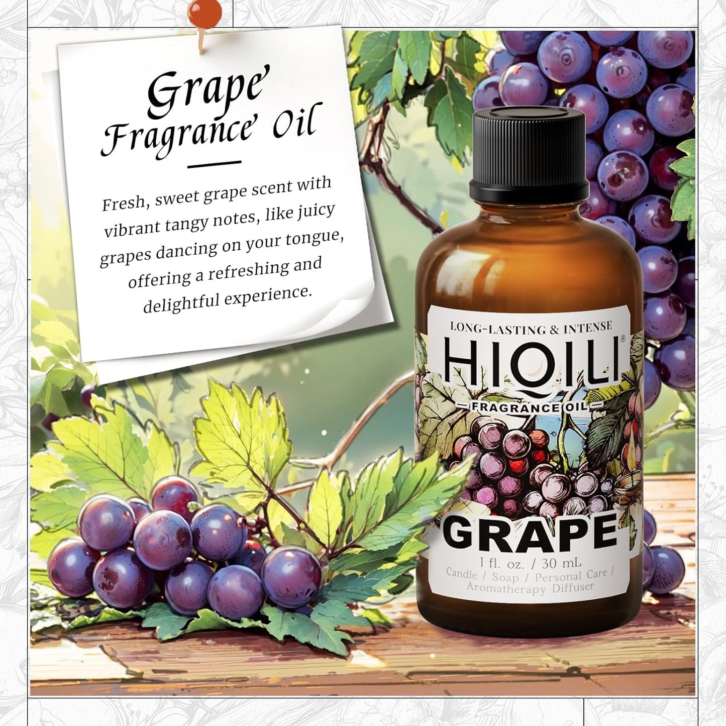 HIQILI Grape Fragrance Oil for Diffuser & Oil Burner, Fruity Scents for Making Candles, Hand Soap, Air Freshener, Long Lasting - 1 Fl Oz