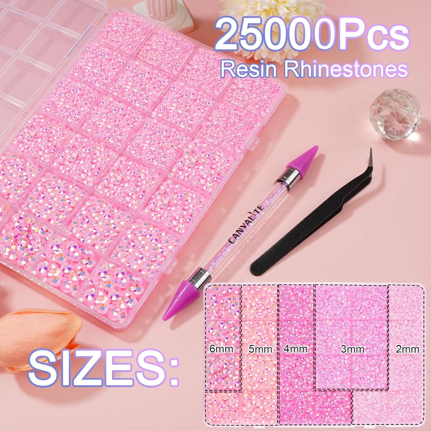 Canvalite 25000PCS Resin Jelly Rhinestones for Crafting, Pink AB Flatback Gems, Bedazzling Crystal with 5x2.5g B7000 Jewelry Glue and Tweezers Dotting Pen for DIY Crafts Clothing Shoes Nail Art