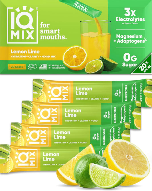 IQMIX Hydration Electrolyte Powder – 4-in-1 Formula for Hydration, Mental Clarity, Mood and Recovery – Sugar-Free Drink Mix, Keto, Magnesium L-Threonate, Lion’s Mane – 20 Count Lemon Lime