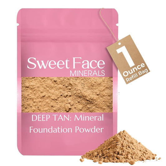 Foundation Refill (DEEP TAN)(1 Ounce Bag) By Sweet Face Minerals, Lightweight Mineral Loose Makeup Powder with SPF 20, Full Coverage Flawless Finish, Talc-free, Cruelty-Free, Refillable Pouch