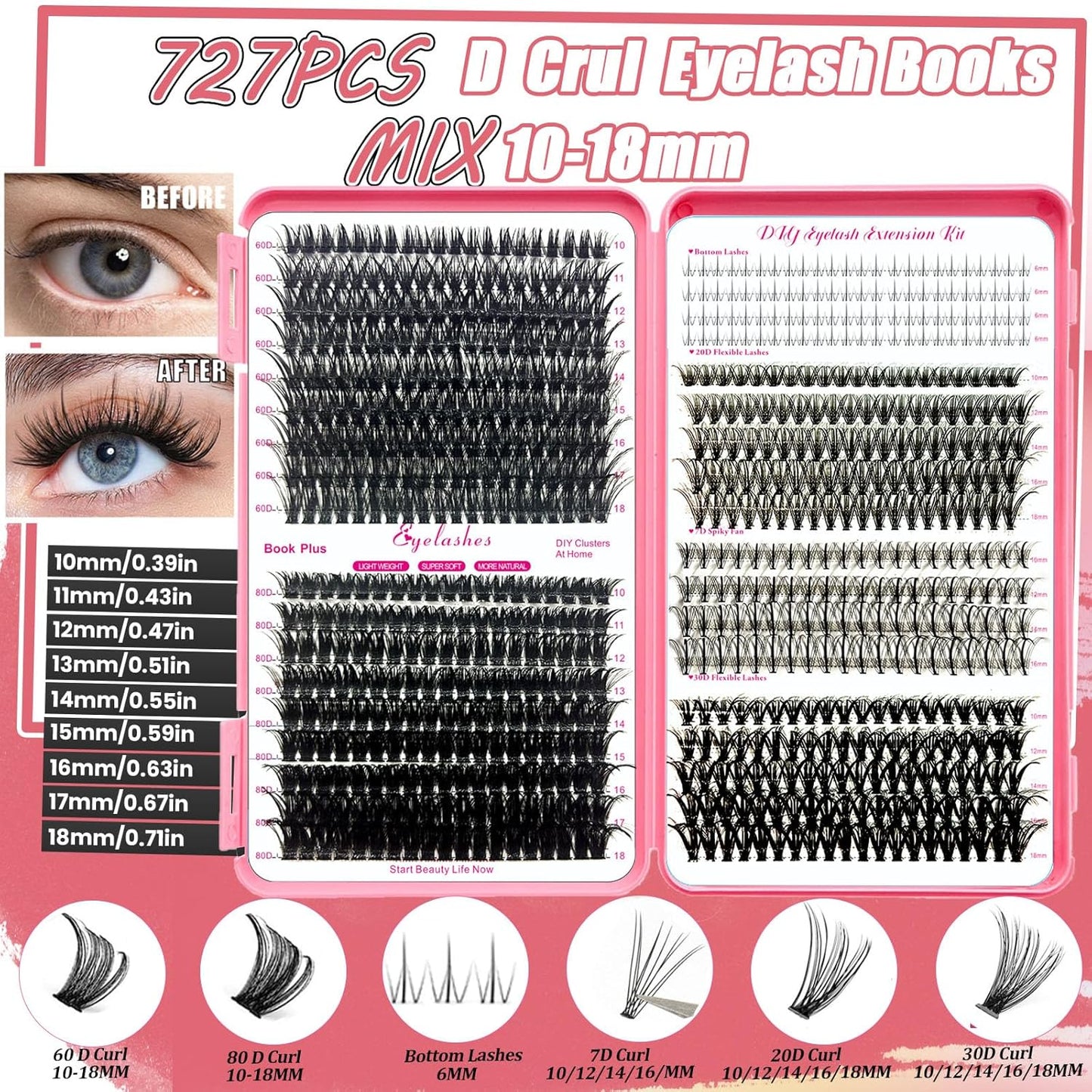 DIY Lash Extension Kit 727Pcs Lashes Clusters with Bottom Lashes Lash Bond and Seal Glue Remover Lash Shampoo Cleansing Brush Headband Wristband Tweezers Eyelash Brush Applicator
