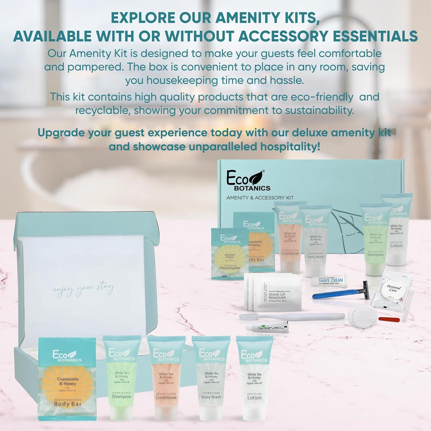 Eco Botanics Amenity & Accessory Kit | 0.85 oz Travel Size Shampoo, Conditioner, Lotion, Body Wash, Body Bar, Cleansing Bar, Shave & Dental Sets, Make-Up Remover Wipes, & Vanity Kit | 1 set per case