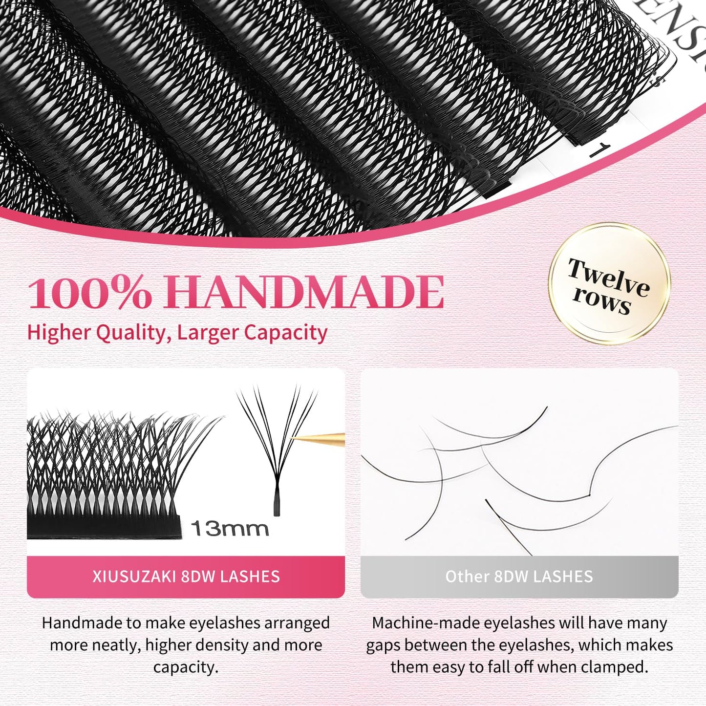 Lash Extensions Double Tips 4D Eyelash Extensions W Shape 0.07mm Thickness D Curl 11mm Premade Fans Easy Fan Volume Lashes Matte Black Crisscross(W-4D-Double Tips-0.07-D,11mm)